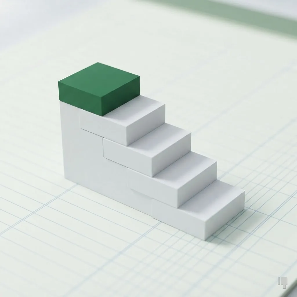 A staircase of five card blocks rising to a green top step