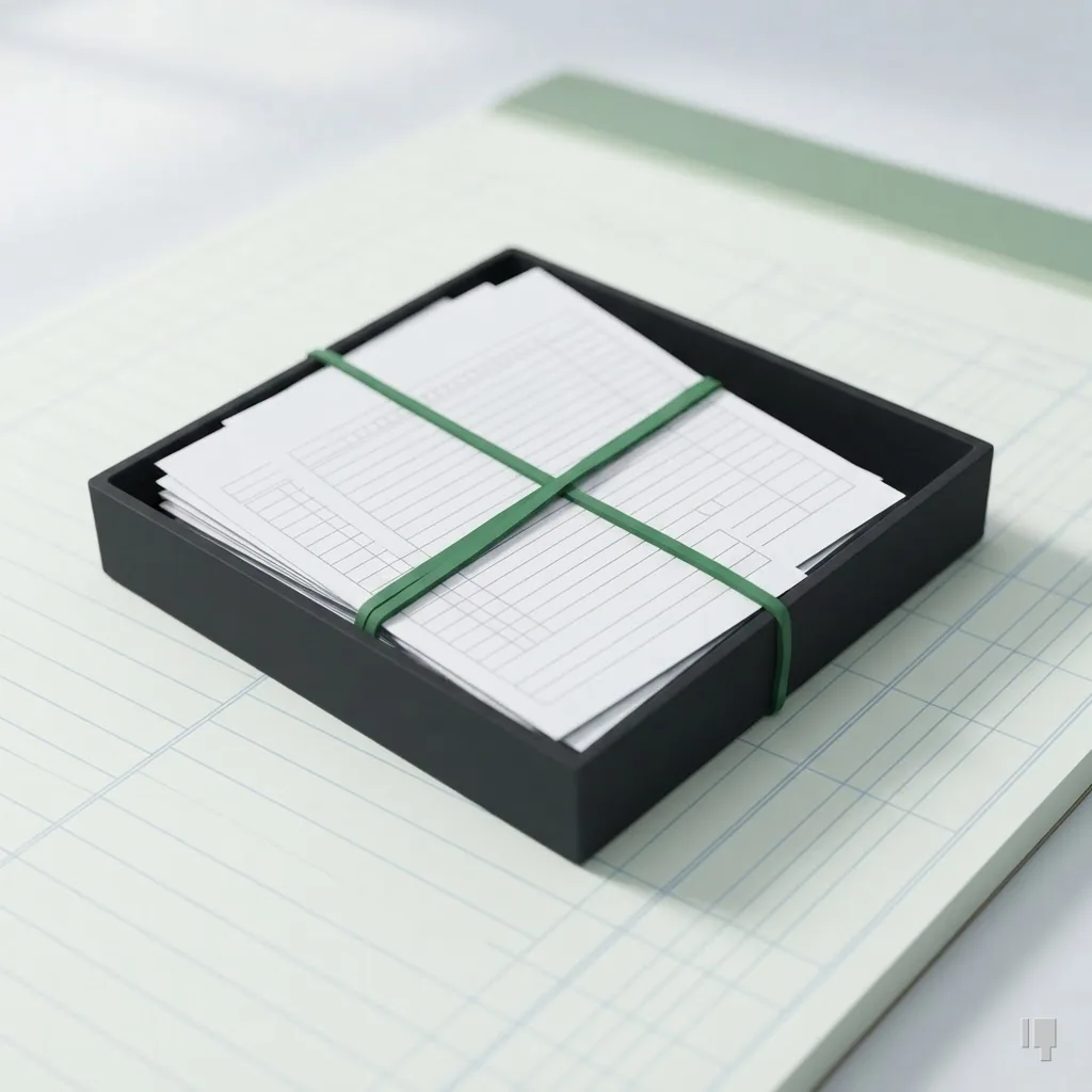 Blank waiver forms fanned in a tray with a green rubber band