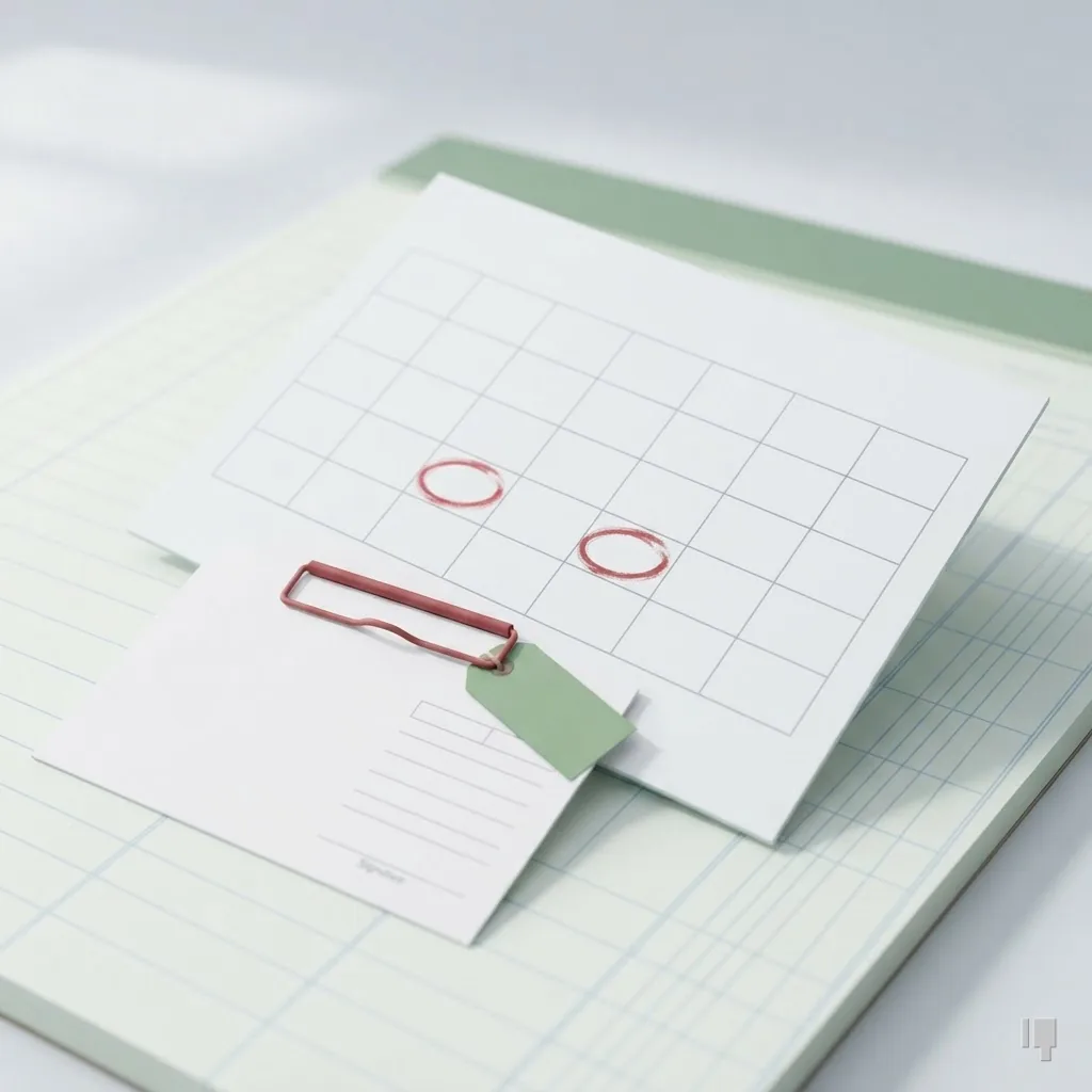 A blank calendar from above with two red-circled cells and a notice sheet across its corner